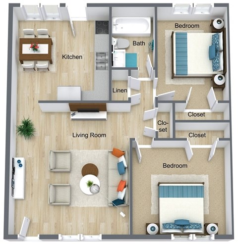 Floor plan for 2 beds, 1 bath, 920 sqft