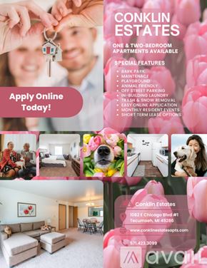 Tecumseh apartment for rent - A flyer for Conklin Estates advertising one and two-bedroom apartments with special features like a bark park and maintenance.