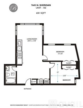 Chicago apartment for rent - A floor plan for a unit at 7645 N. Sheridan shows a living room, two bedrooms, a bathroom, and a closet.