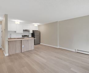 Calgary apartment for rent - A kitchen with a refrigerator, oven, and sink.