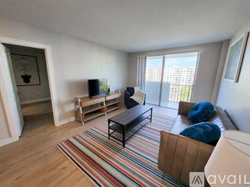 North Miami Beach apartment for rent - A living room with a striped rug and a brown sofa.