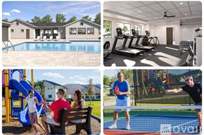 Englewood house for rent - A collage of four images showing a pool, a gym, a playground, and a tennis court.