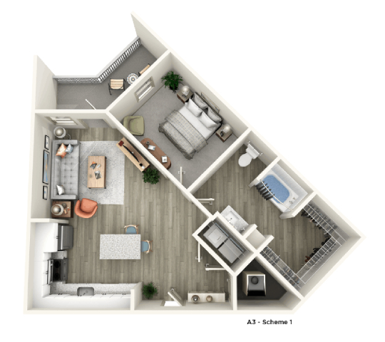Floor plan for 1 bed, 1 bath, 737 sqft