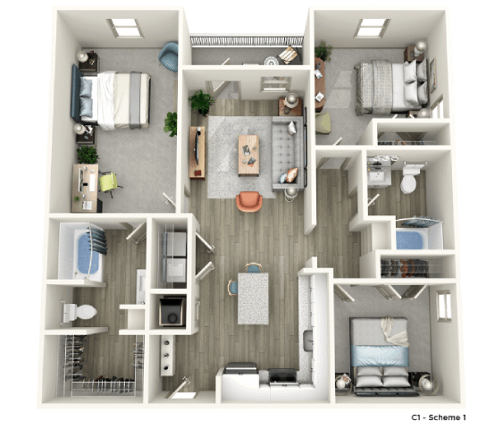 Floor plan for 3 beds, 2 baths, 1228 sqft