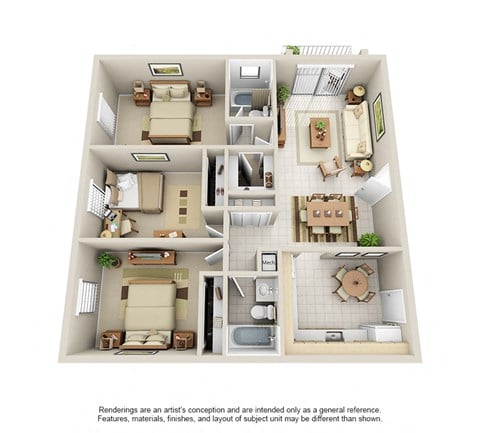Floor plan for 3 beds, 2 baths, 1150 sqft