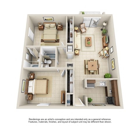 Floor plan for 2 beds, 2 baths, 1050 sqft