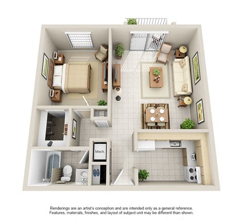 Floor plan for 1 bed, 1 bath, 730 sqft