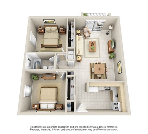 Floor plan for 2 beds, 1 bath, 950 sqft