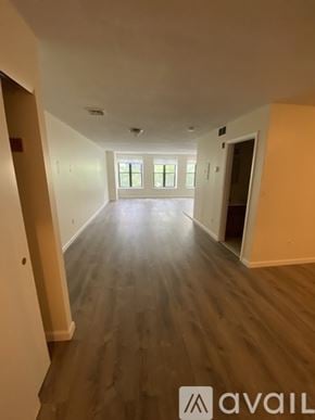 Boston apartment for rent - A long hallway with wood floors and a window with a view of trees.