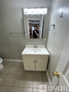 Boston apartment for rent - A bathroom with a white sink and a mirror.