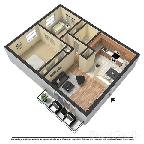 Floor plan for 2 beds, 1 bath, 871 sqft