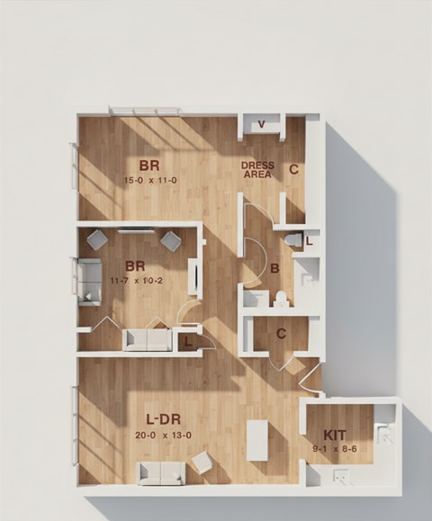 Floor plan for 2 beds, 1 bath, 1034 sqft