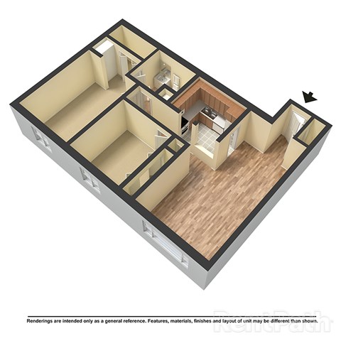 Floor plan for 2 beds, 1 bath, 1005 sqft