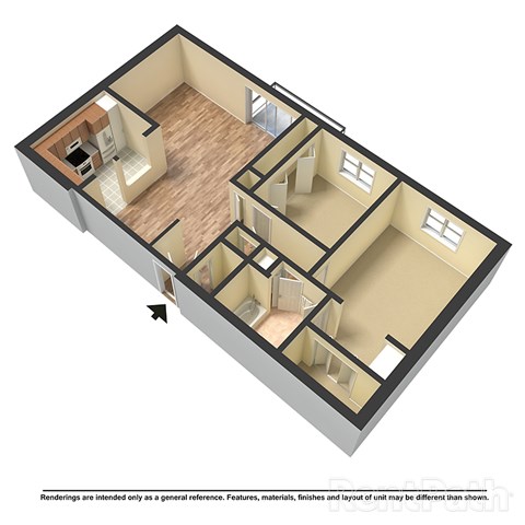 Floor plan for 2 beds, 1 bath, 1044 sqft