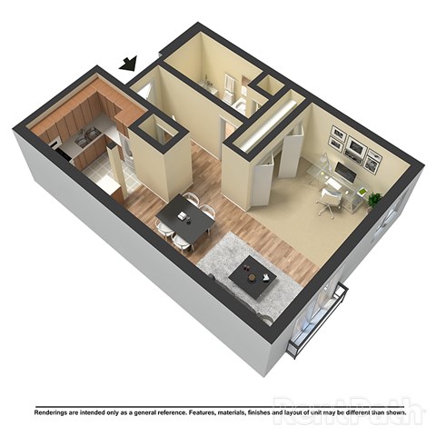 Floor plan for studio, 1 bath, 500 sqft