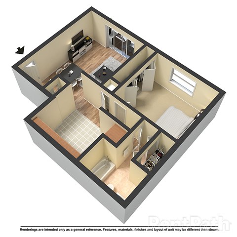 Floor plan for 1 bed, 1 bath, 727 sqft