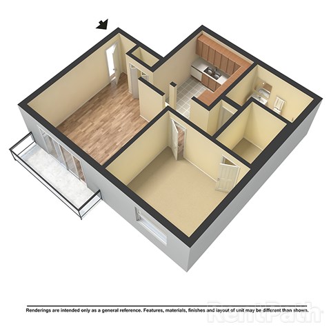 Floor plan for 1 bed, 1 bath, 667 sqft