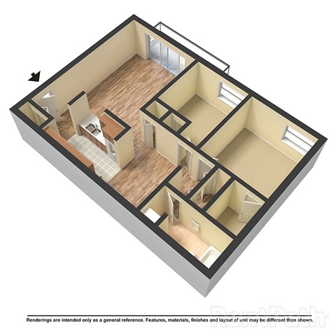 Floor plan for 2 beds, 1 bath, 845 sqft