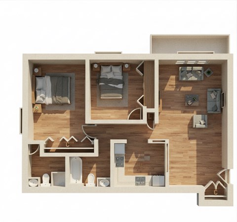 Floor plan for 2 beds, 2 baths, 955 sqft
