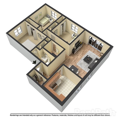 Floor plan for 3 beds, 2 baths, 1165 sqft