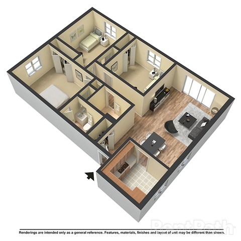 Floor plan for 3 beds, 2 baths, 1250 sqft
