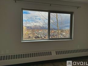 Palmer apartment for rent - A window with a view of a snowy mountain and a parking lot.