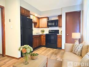 Muncie apartment for rent - A kitchen with a black fridge, black oven, and wooden cabinets.