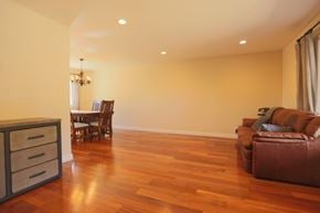 San Jose house for rent - A brown couch sits in a living room with a wooden floor and a chandelier.