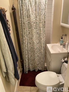 Boston apartment for rent - A bathroom with a white toilet, a shower curtain, and a towel rack.