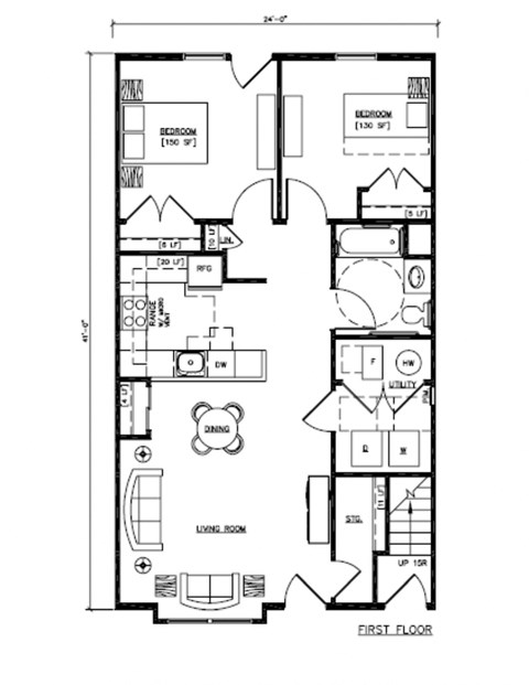 Floor plan for 2 beds, 1 bath, 930 sqft