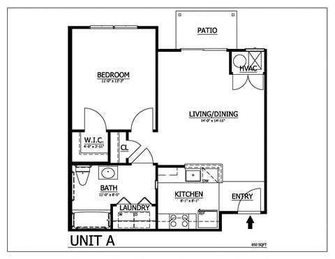 Floor plan for 1 bed, 1 bath, 650 sqft