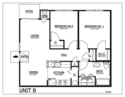 Floor plan for 2 beds, 1 bath, 915 sqft