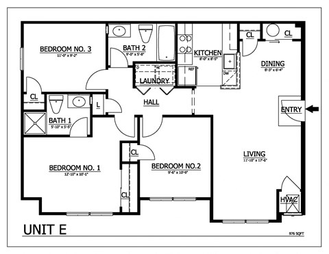 Floor plan for 3 beds, 2 baths, 1094 sqft