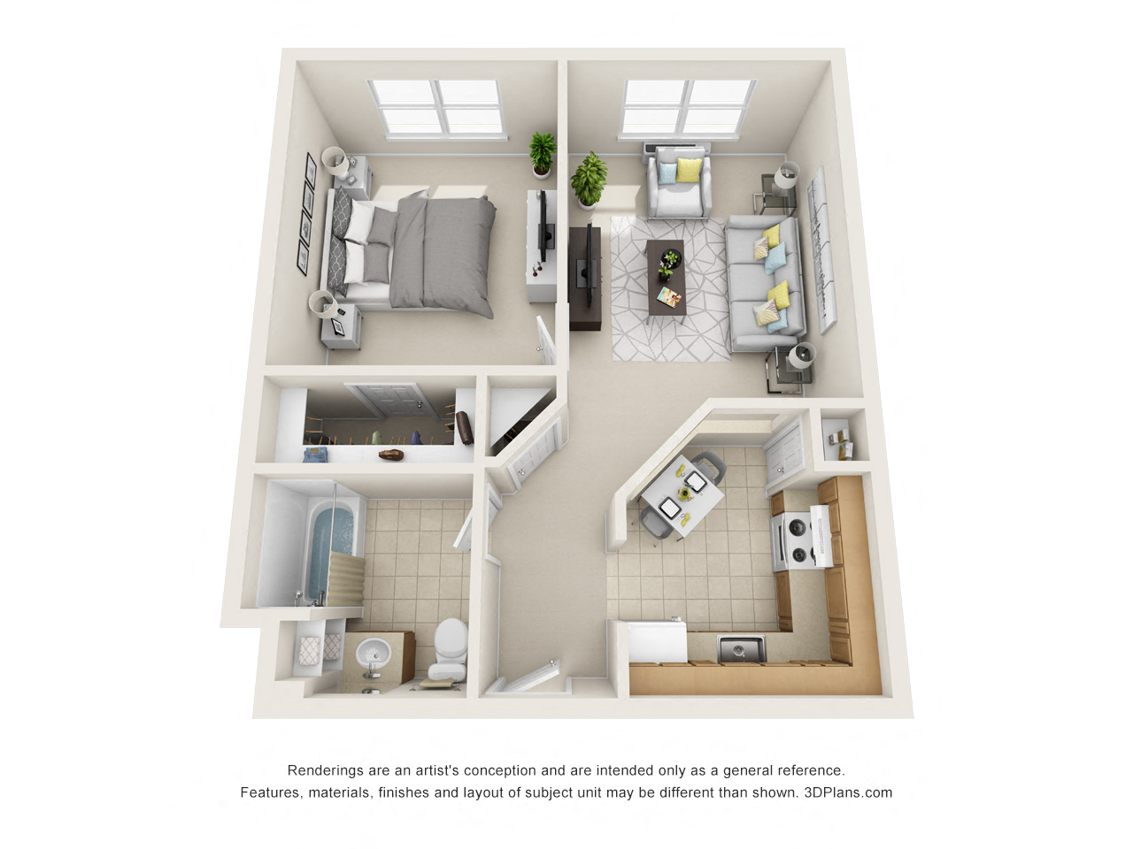 Floor plan for 1 bed, 1 bath, 615 sqft