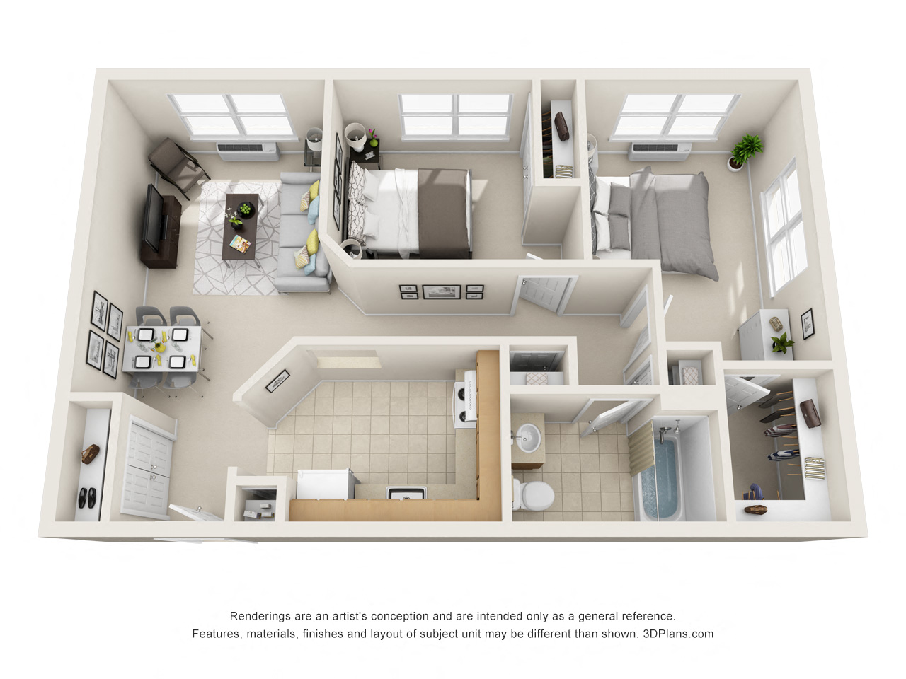 Floor plan for 2 beds, 1 bath, 905 sqft