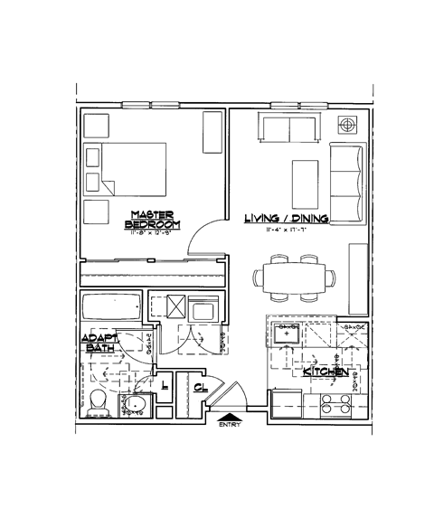 Floor plan for 1 bed, 1 bath, 842 sqft
