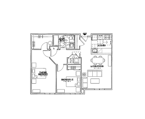 Floor plan for 2 beds, 1 bath, 1070 sqft