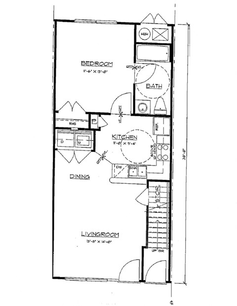 Floor plan for 1 bed, 1 bath, 644 sqft