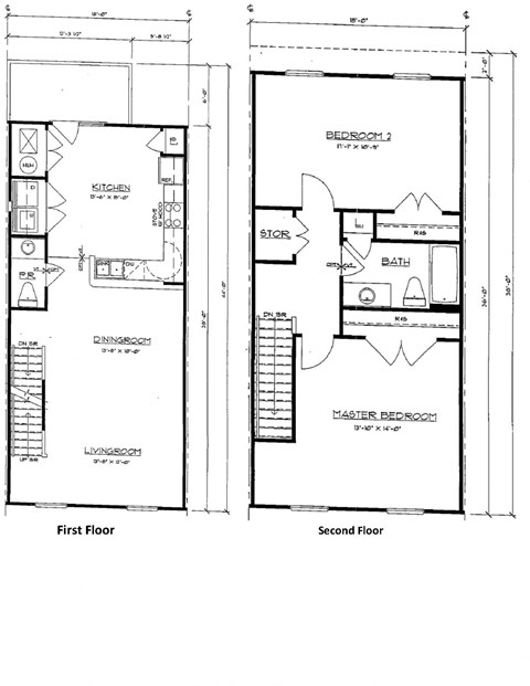 Floor plan for 2 beds, 1.5 baths, 1337 sqft