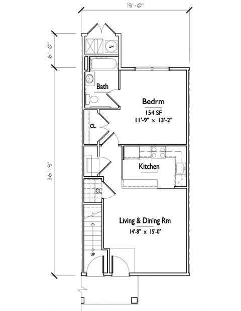 Floor plan for 1 bed, 1 bath, 690 sqft