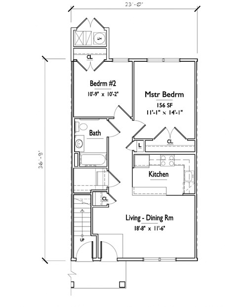 Floor plan for 2 beds, 1 bath, 818 sqft