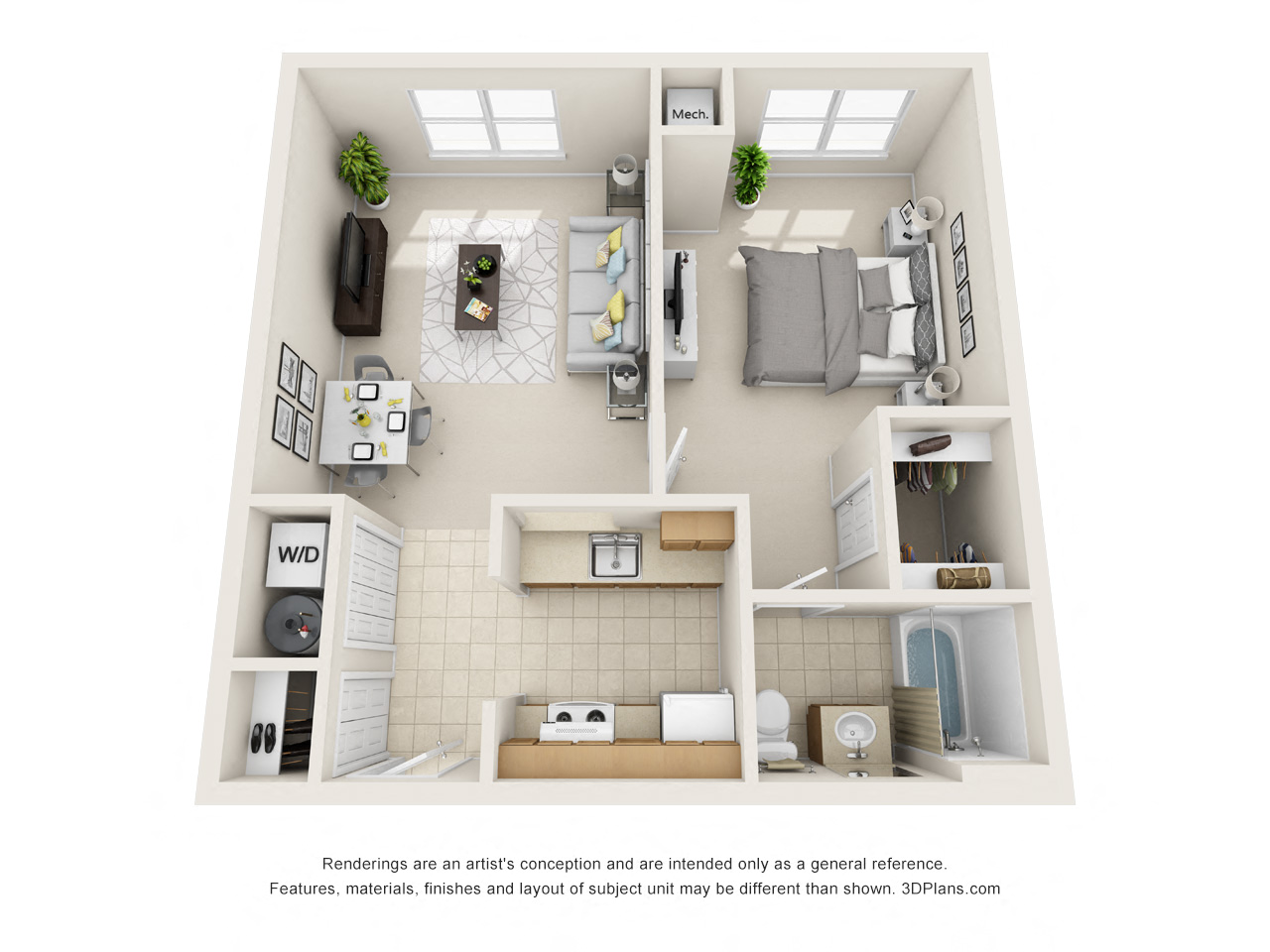 Floor plan for 1 bed, 1 bath, 720 sqft