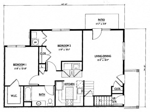 Floor plan for 2 beds, 1 bath, 960 sqft