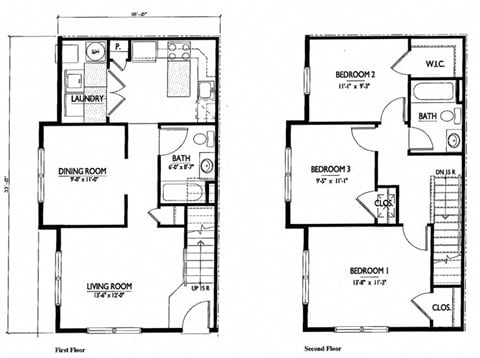 Floor plan for 3 beds, 2 baths, 1310 sqft