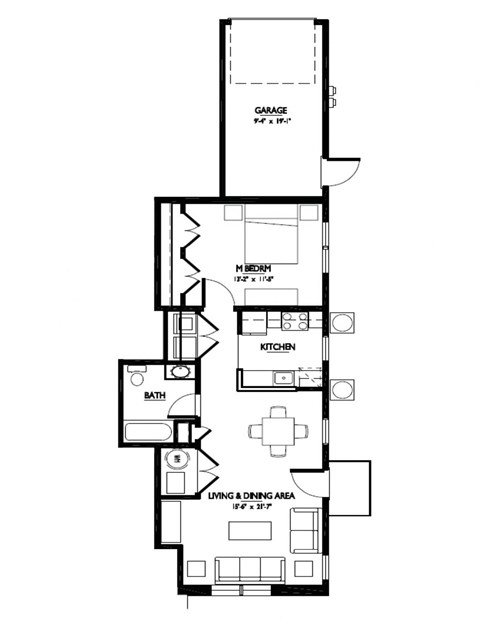 Floor plan for 1 bed, 1 bath, 938 sqft
