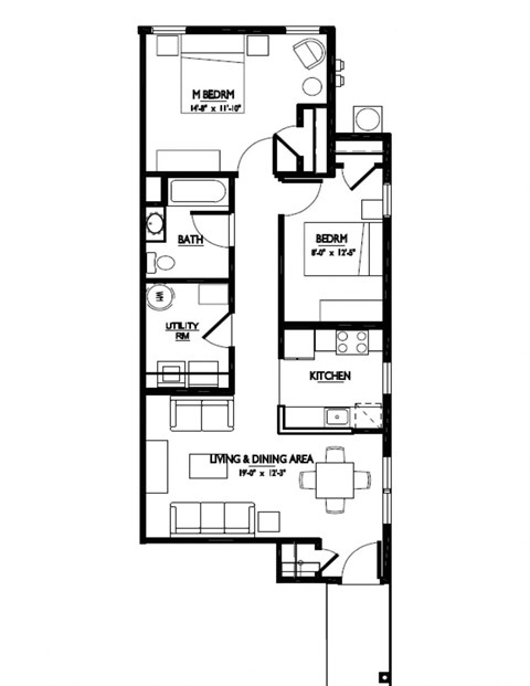 Floor plan for 2 beds, 1 bath, 864 sqft