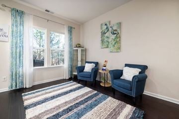 Cary house for rent - A living room with two blue chairs and a rug.