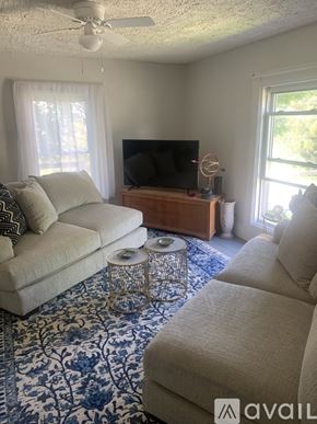Calais apartment for rent - A living room with a sofa, a coffee table, a television, and a fan.