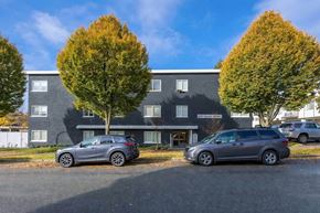 Vancouver apartment for rent - Two cars are parked in front of a grey building with trees.