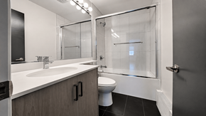 Vancouver apartment for rent - A modern bathroom with a white sink and a walk-in shower.